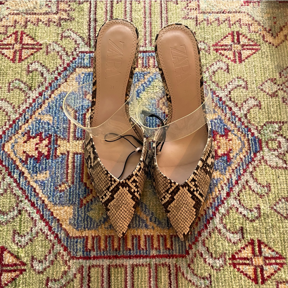 Zara Vinyl And Animal Print Heeled Mules Size 38